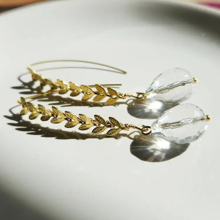 Quartz & Chevron Leaf Chain Earrings