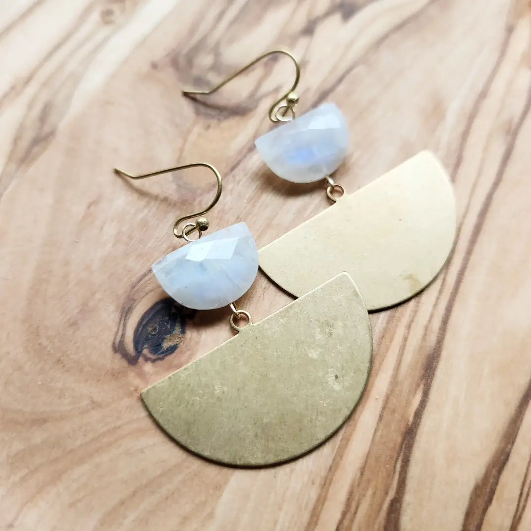 Crescent Moonstone & Brass Statement Earrings