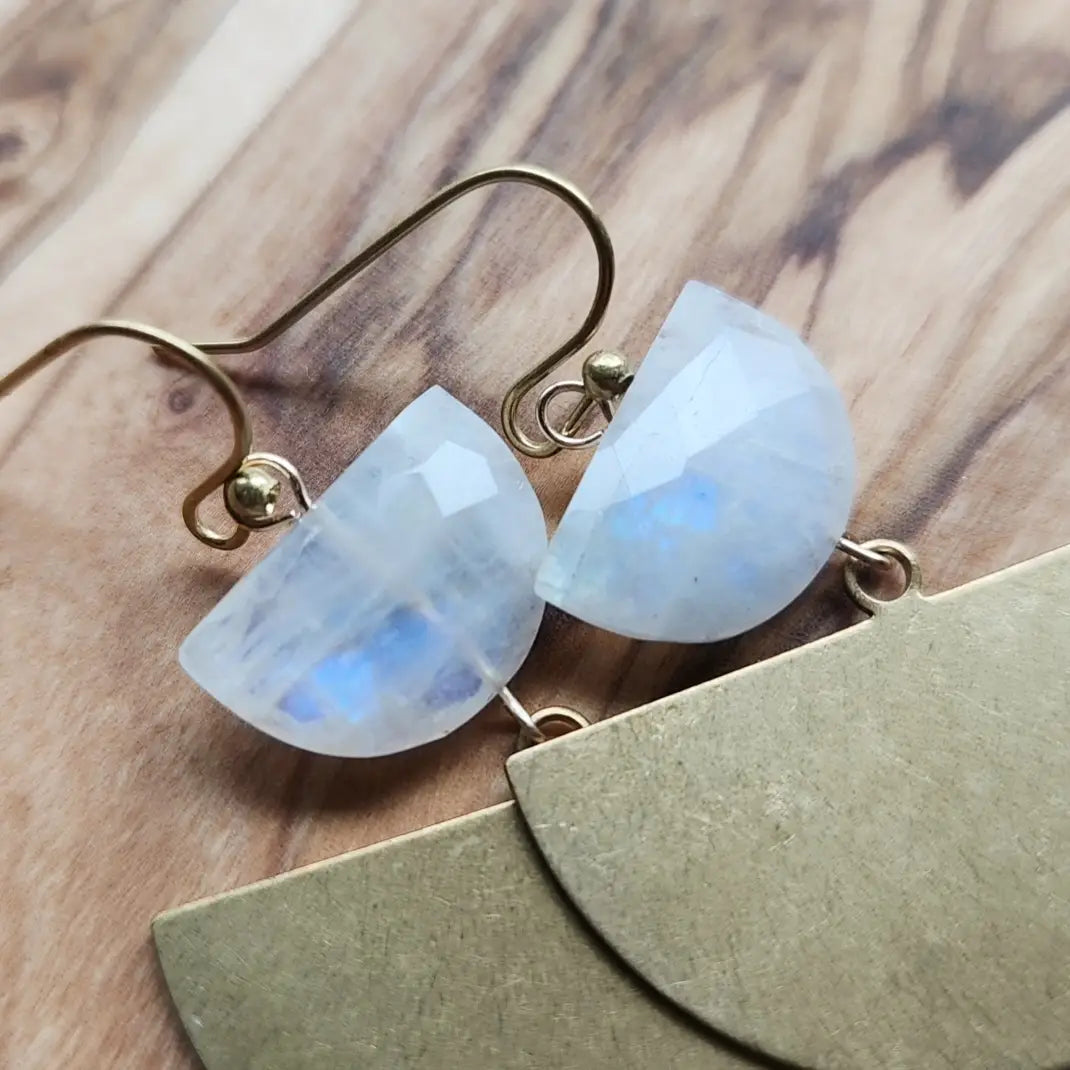 Crescent Moonstone & Brass Statement Earrings