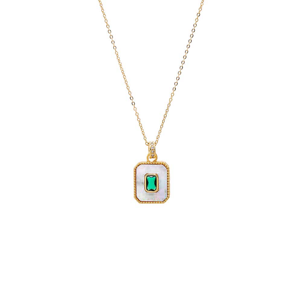 Green CZ & Mother of Pearl Dog Tag Necklace