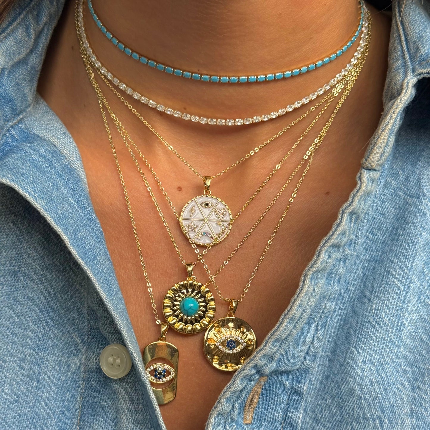 Round Turquoise Stone Coin Necklace