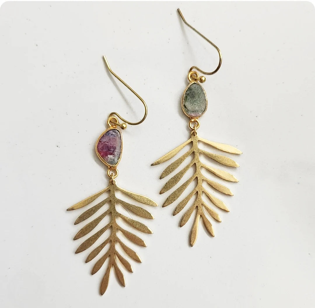 Watermelon Tourmaline Fern Earrings