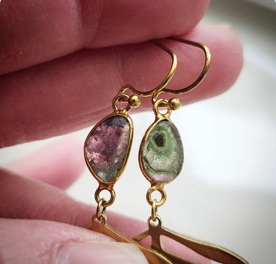 Watermelon Tourmaline Fern Earrings