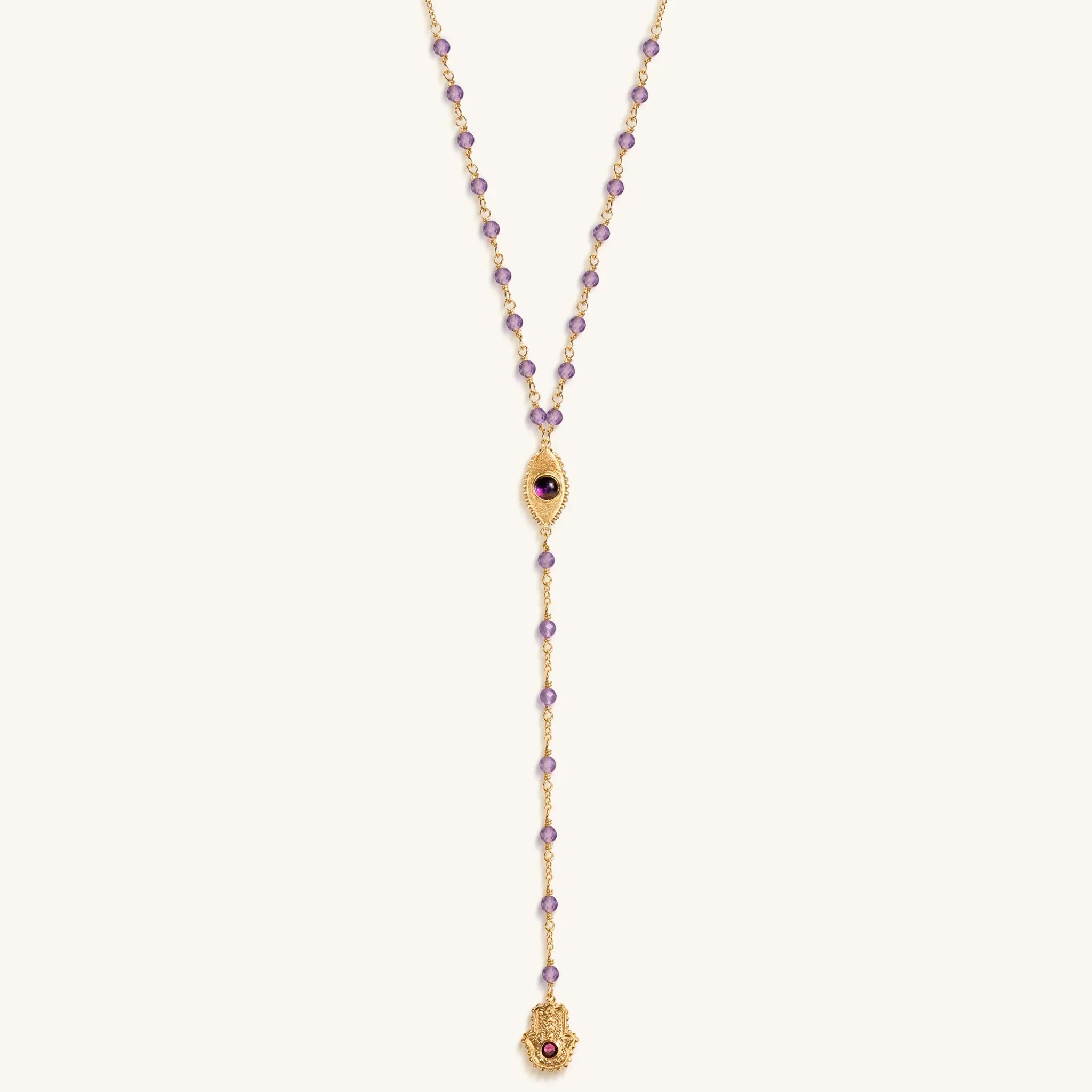 Peace of Spirit - Amethyst Evil Eye Hamsa Lariat Necklace