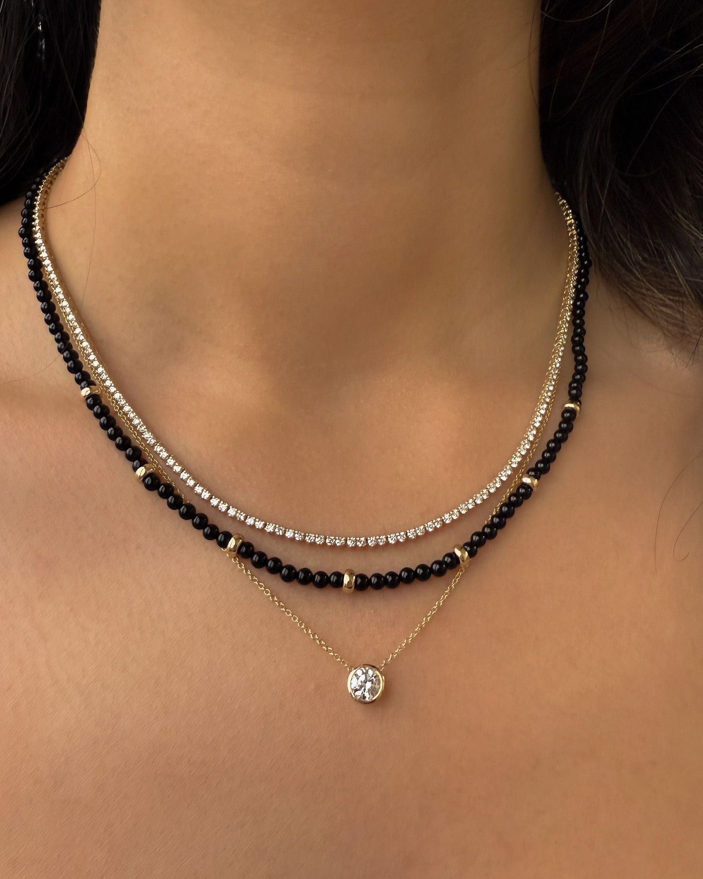 14K Gold Black Onyx Segment Bead Necklace