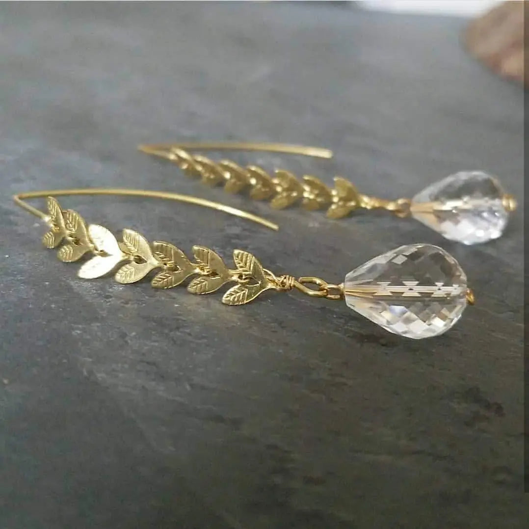 Quartz & Chevron Leaf Chain Earrings