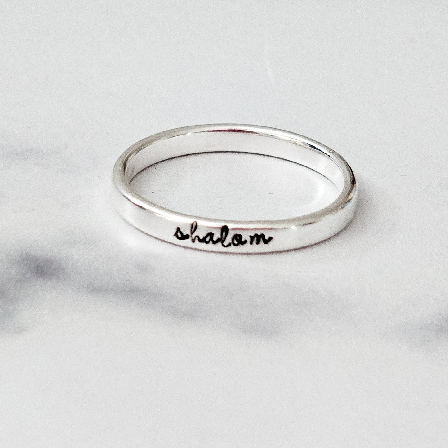 Shalom Sterling Silver Band Ring – English or Hebrew