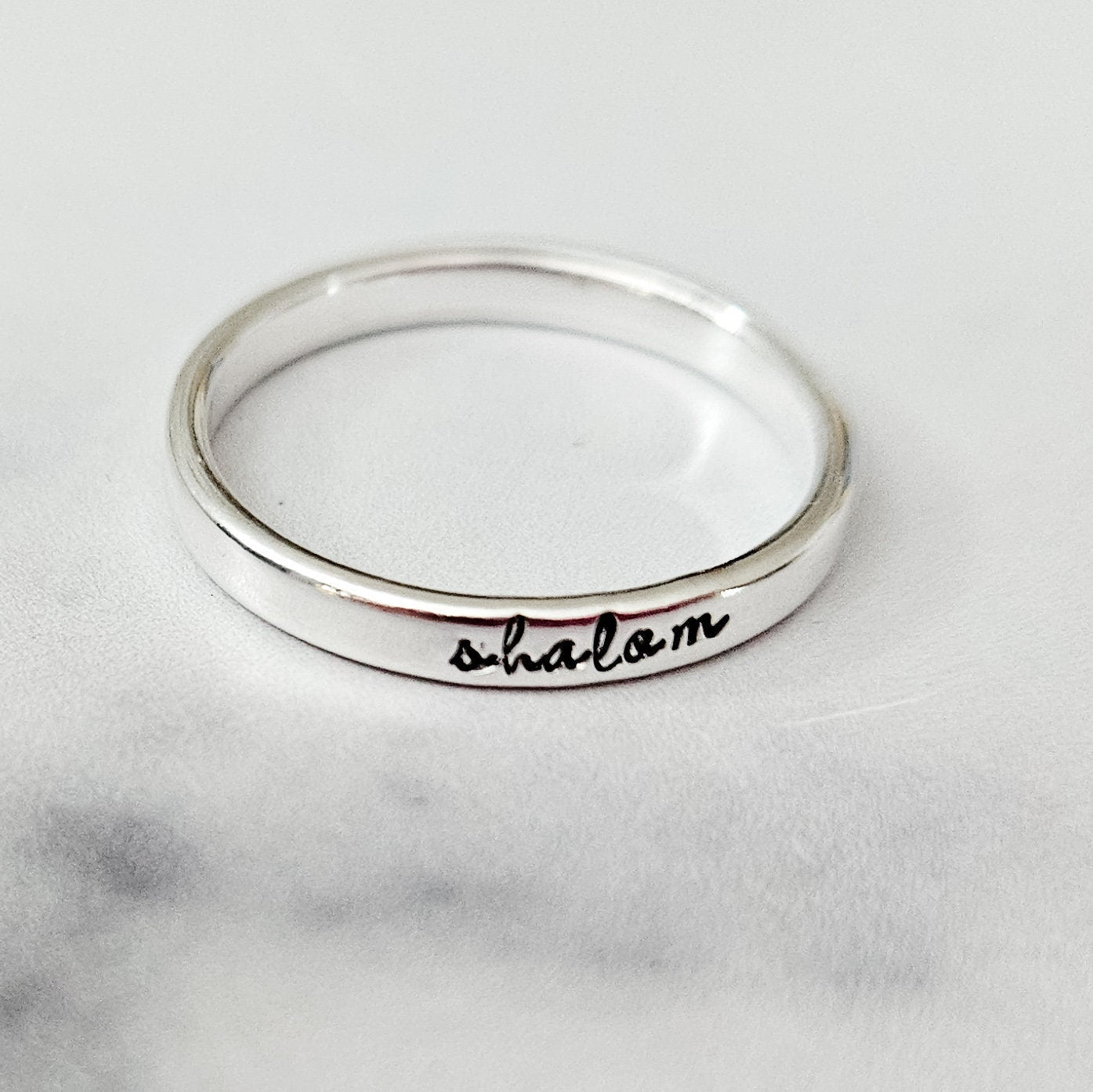 Shalom Sterling Silver Band Ring – English or Hebrew