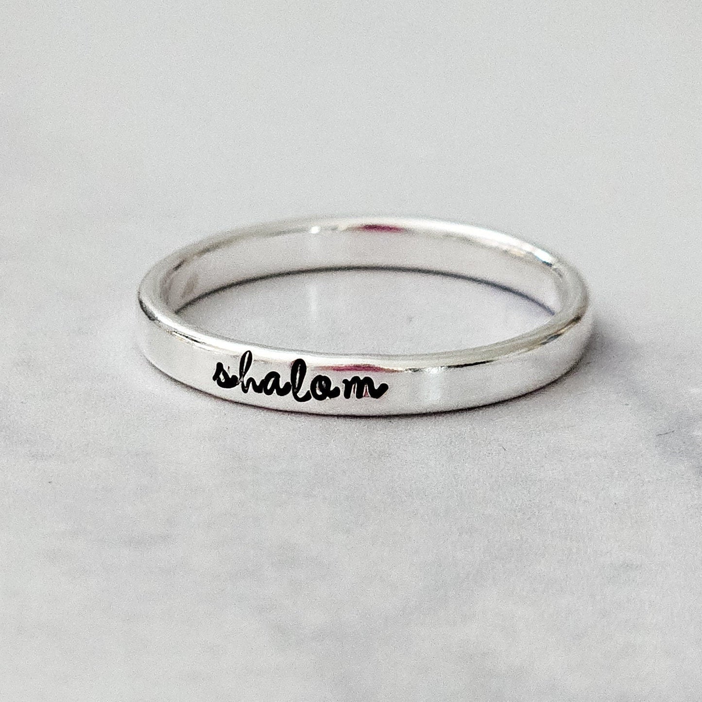 Shalom Sterling Silver Band Ring – English or Hebrew