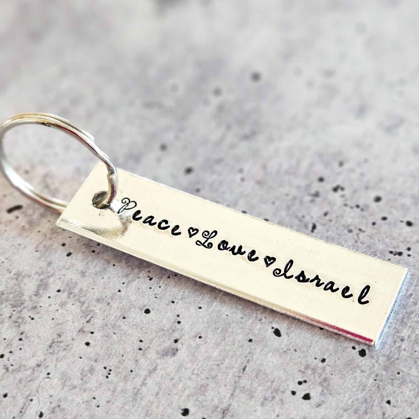 Peace, Love, Israel Hand-Stamped Aluminum Keychain