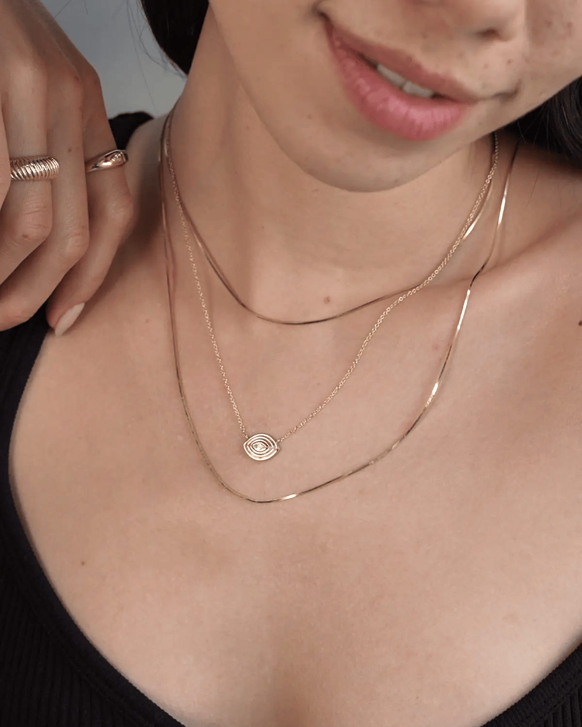 14K Gold Diamond Ribbed Evil Eye Necklace