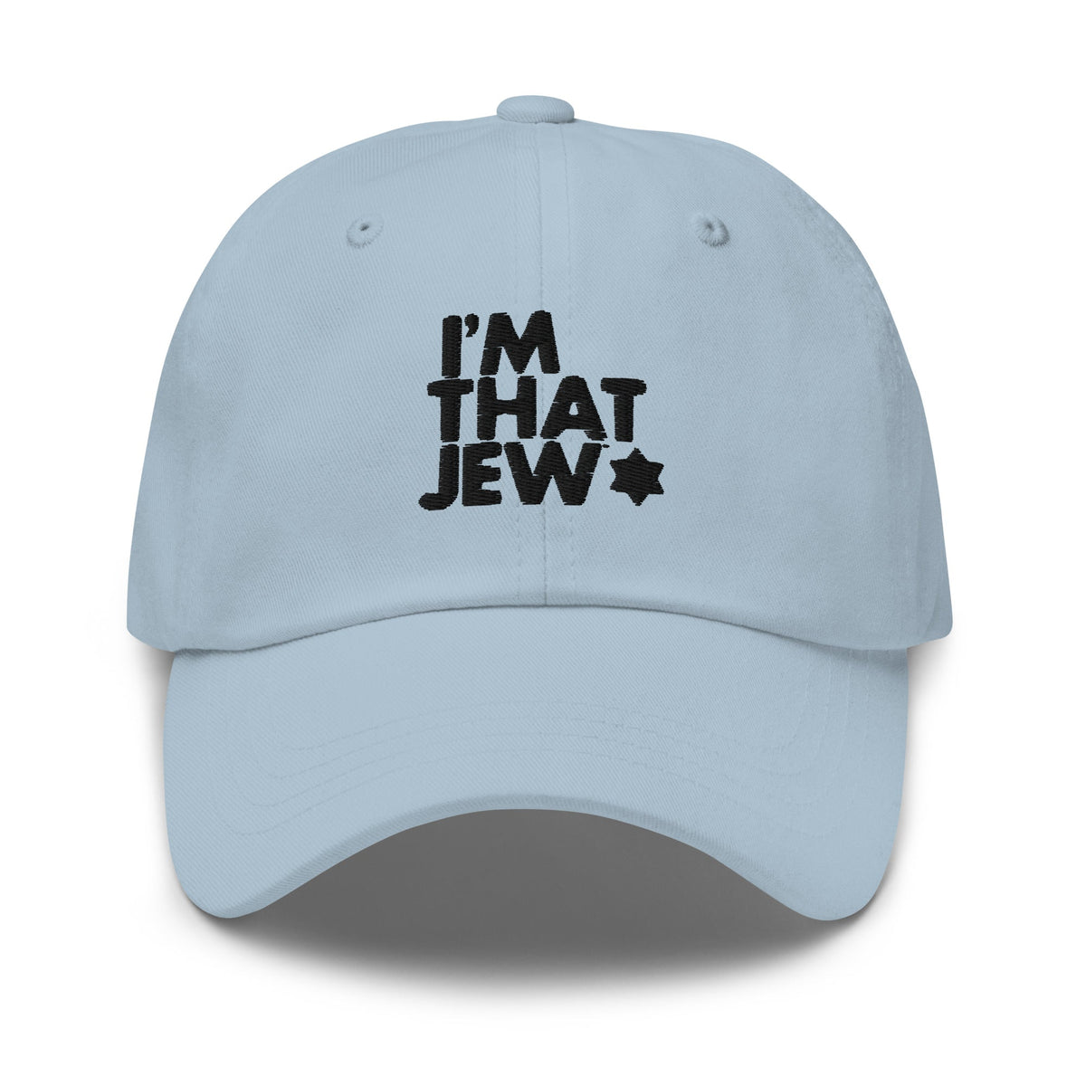 Front view of I'm That Jew Hat in Light Blue by Eitan Chitayat