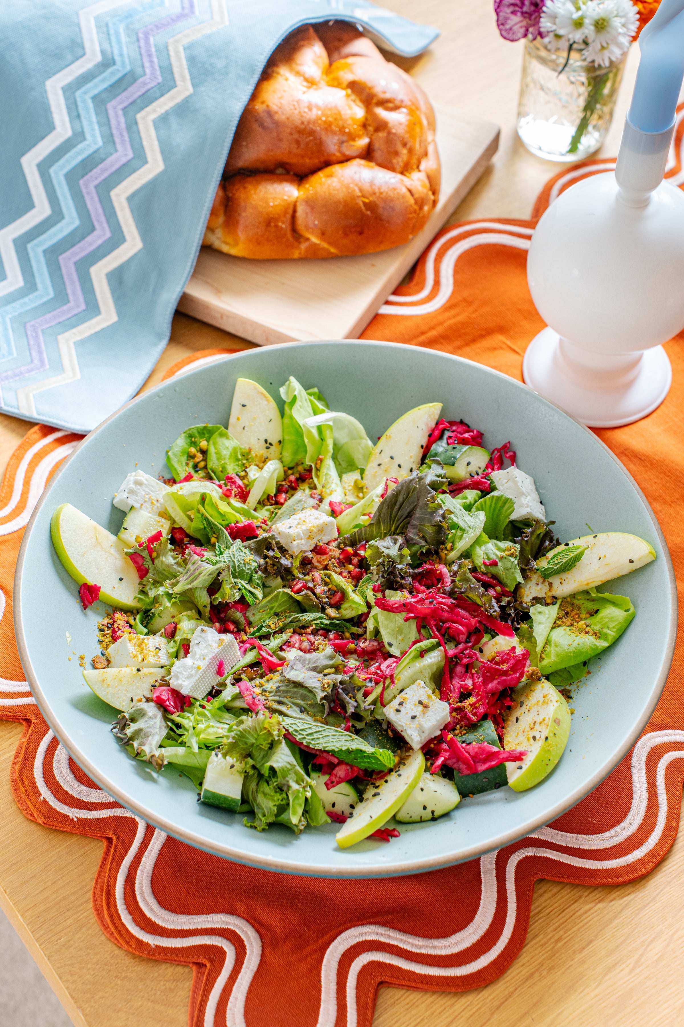 Wavy Embroidered Shabbat Challah Cover