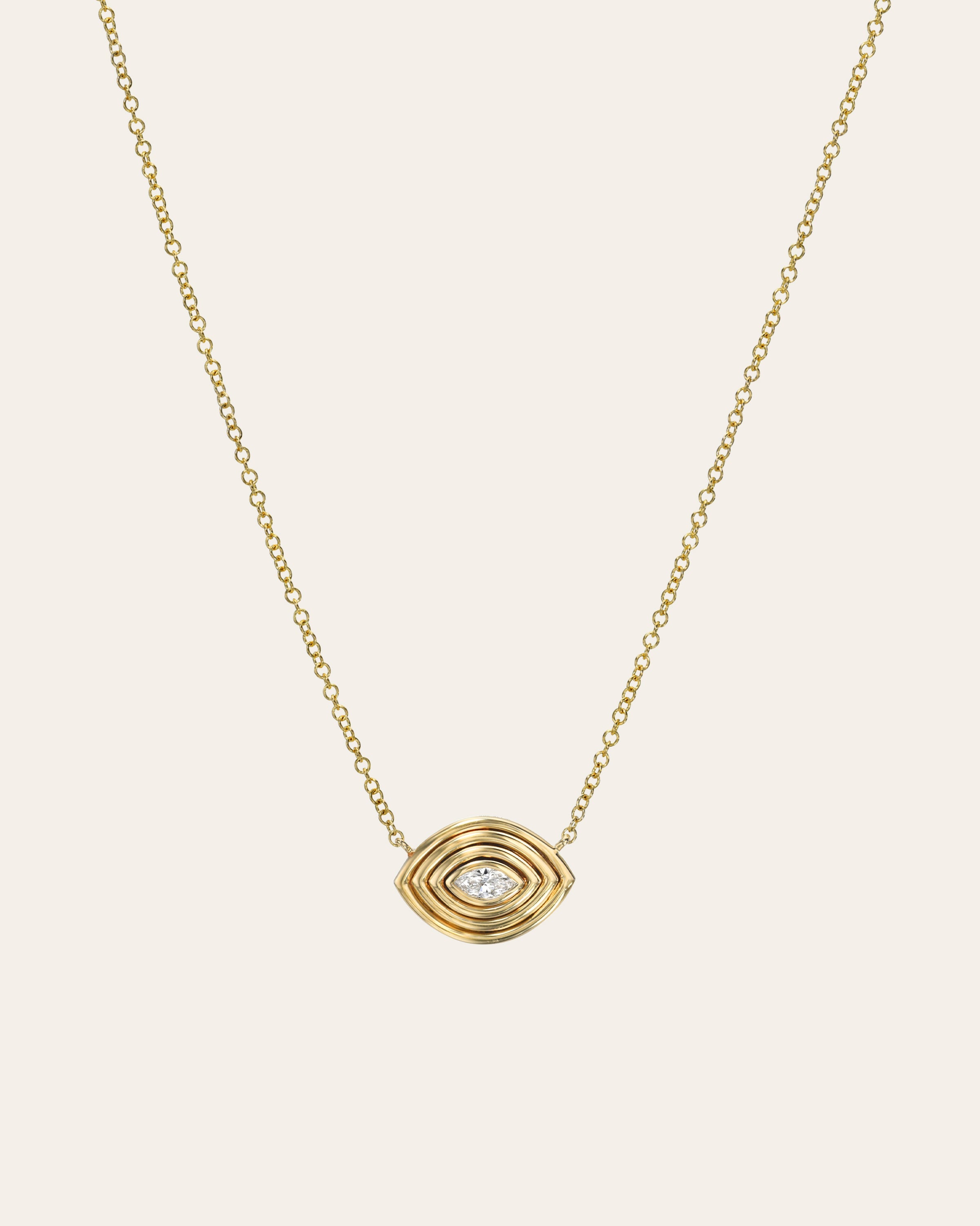 14K Gold Diamond Ribbed Evil Eye Necklace