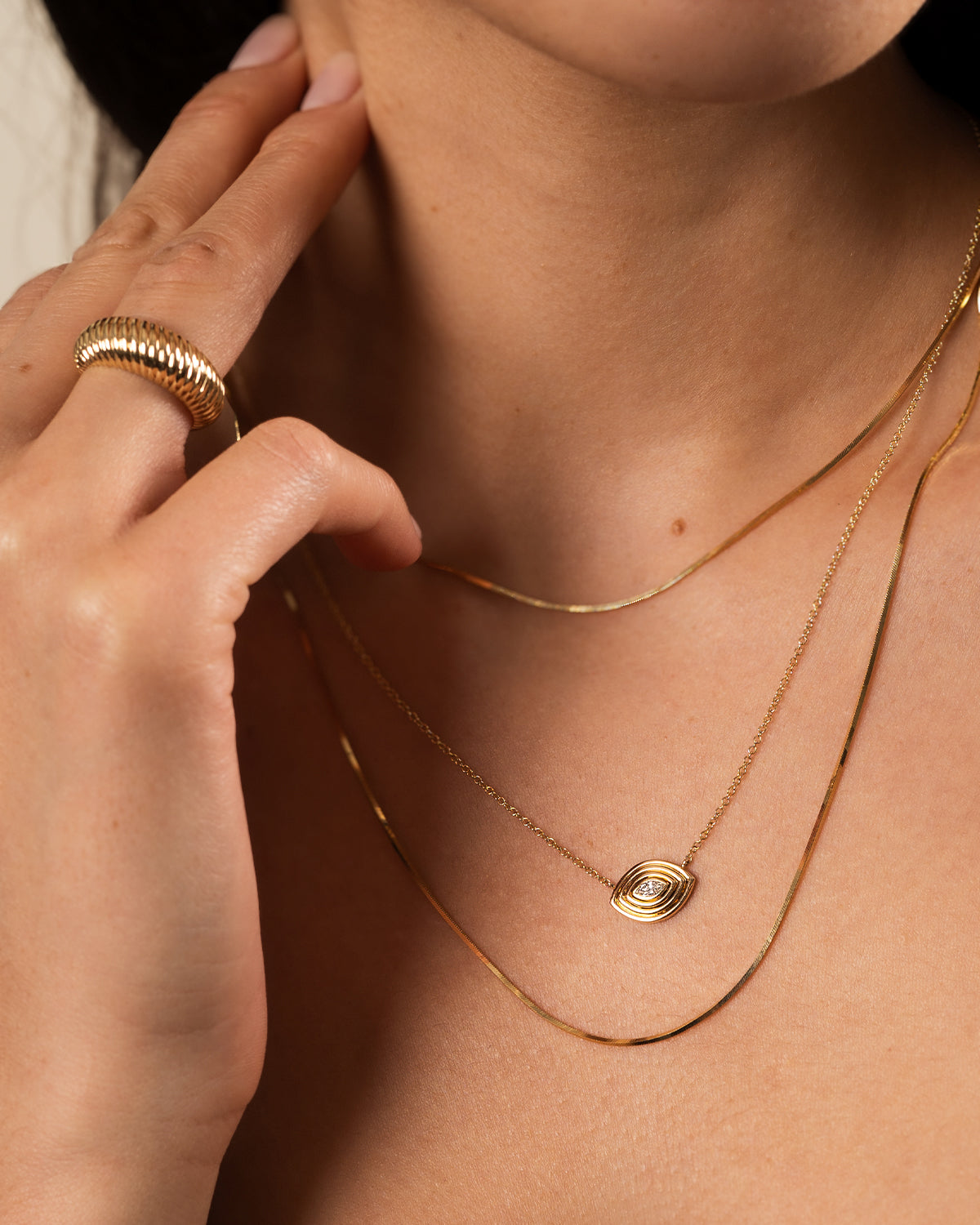 14K Gold Diamond Ribbed Evil Eye Necklace