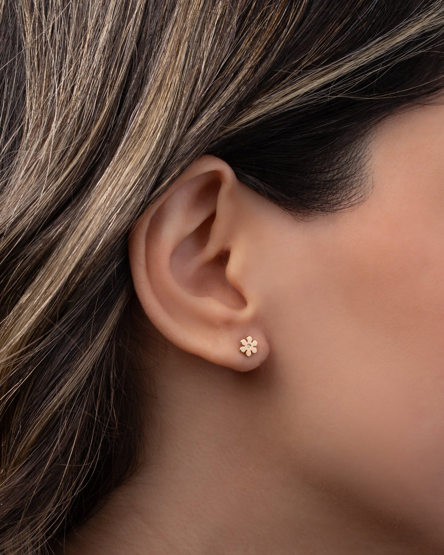 14k Gold Tiny Flower with Diamond Stud Earring