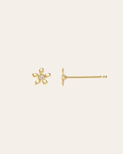 14k Gold Mini Diamond Flower Stud Earrings