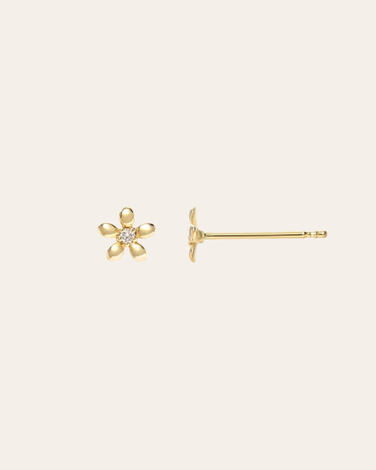 14k Gold Mini Diamond Flower Stud Earrings
