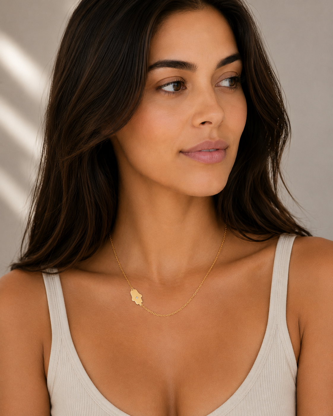 Tiny Asymmetrical Diamond Hamsa Necklace