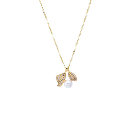 Pearl & Pavé Leaf Charm Necklace