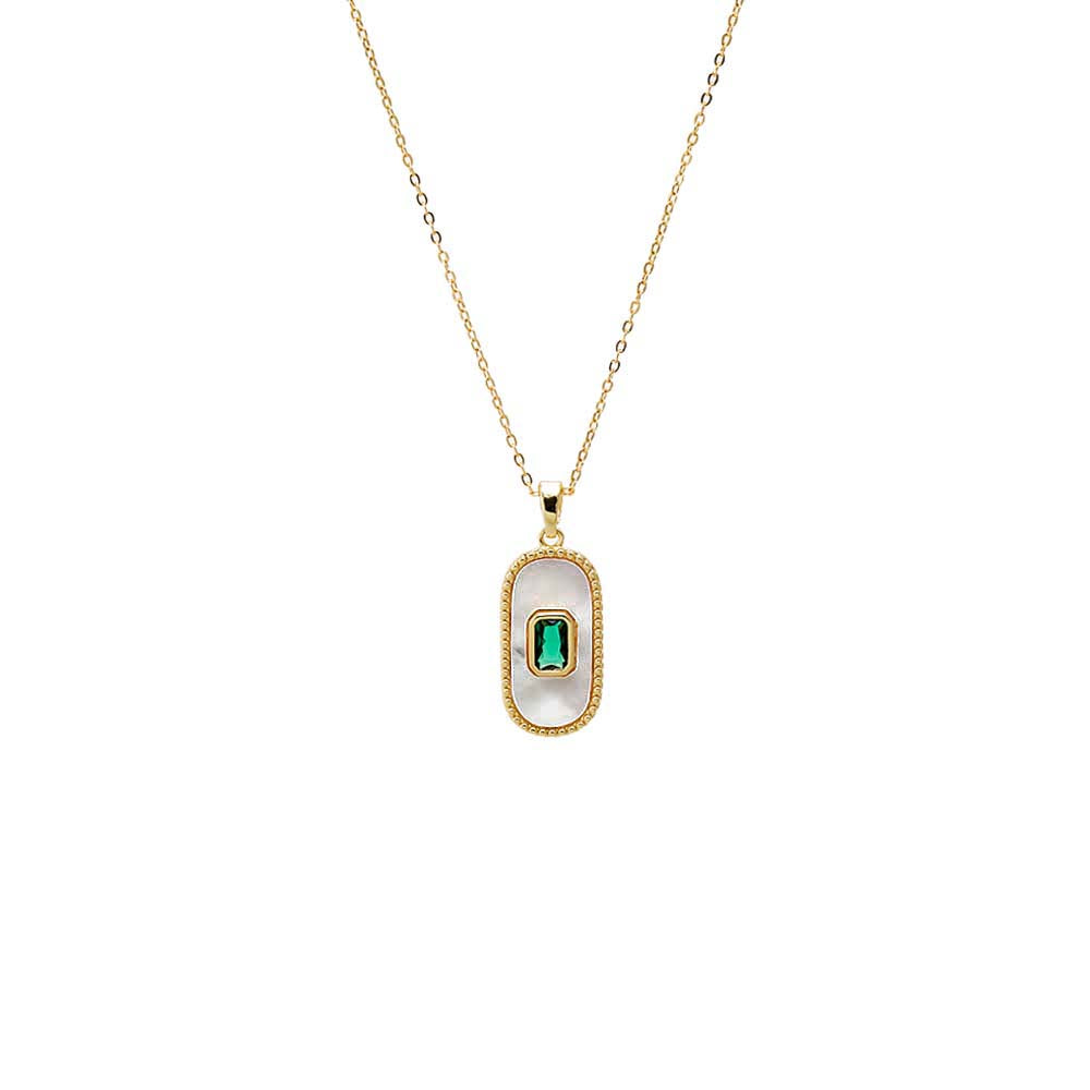 Green CZ & Mother of Pearl Elongated Dog Tag Necklace