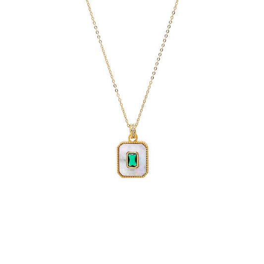Green CZ & Mother of Pearl Dog Tag Necklace