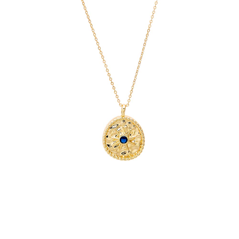 Blue CZ Textured Coin Necklace