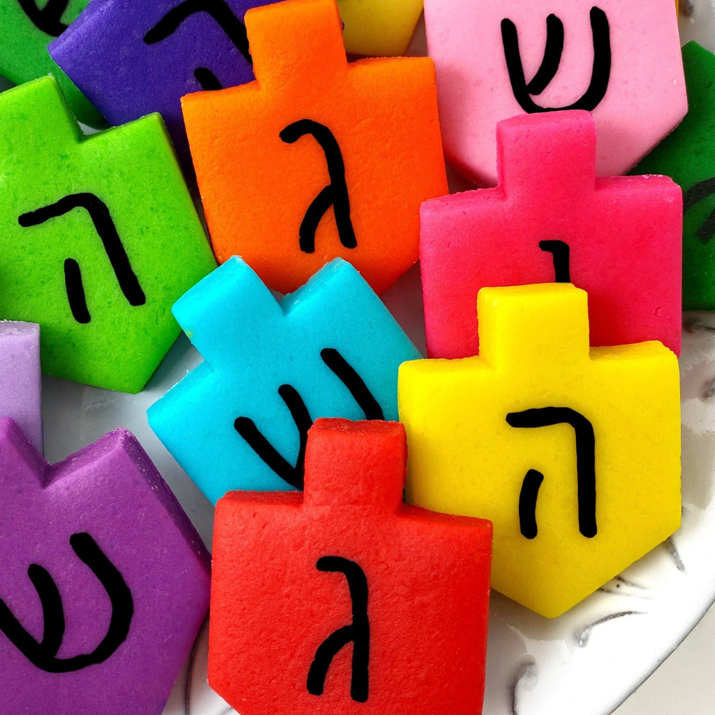 Colorful Marzipan Hanukkah Dreidel Tiles