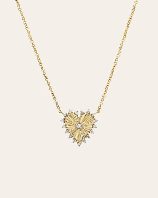 Diamond Framed Small Pleated Heart Necklace