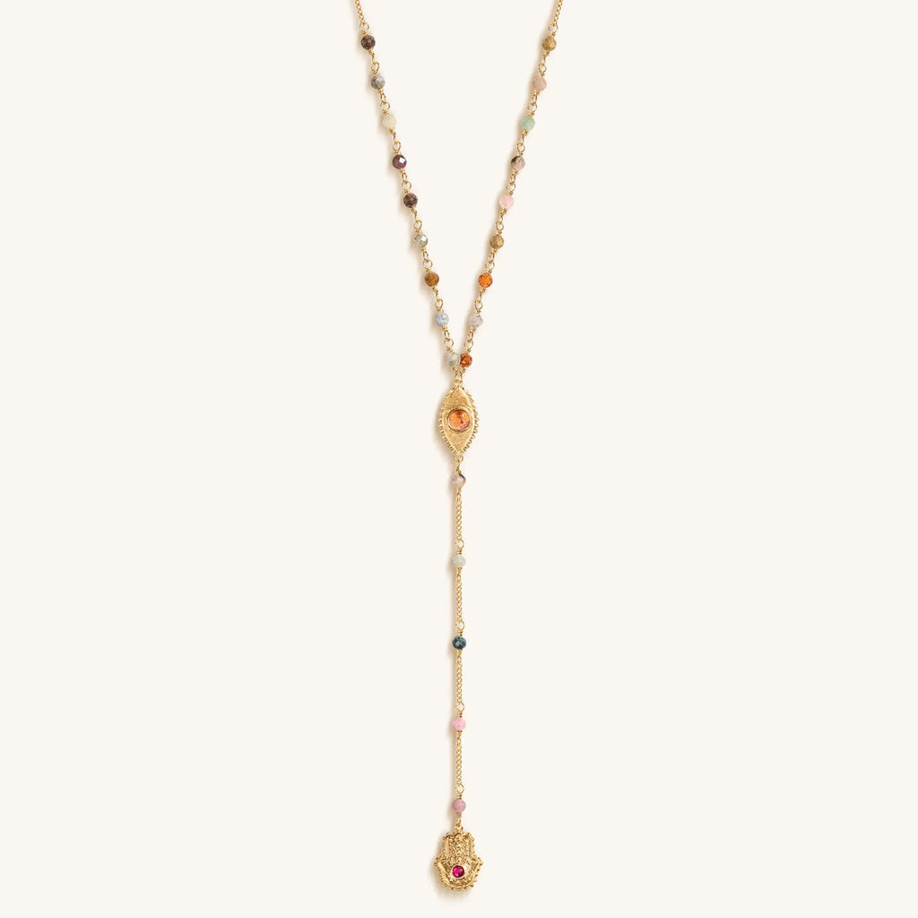 Benevolent Spirit - Tourmaline Evil Eye Hamsa Lariat Necklace