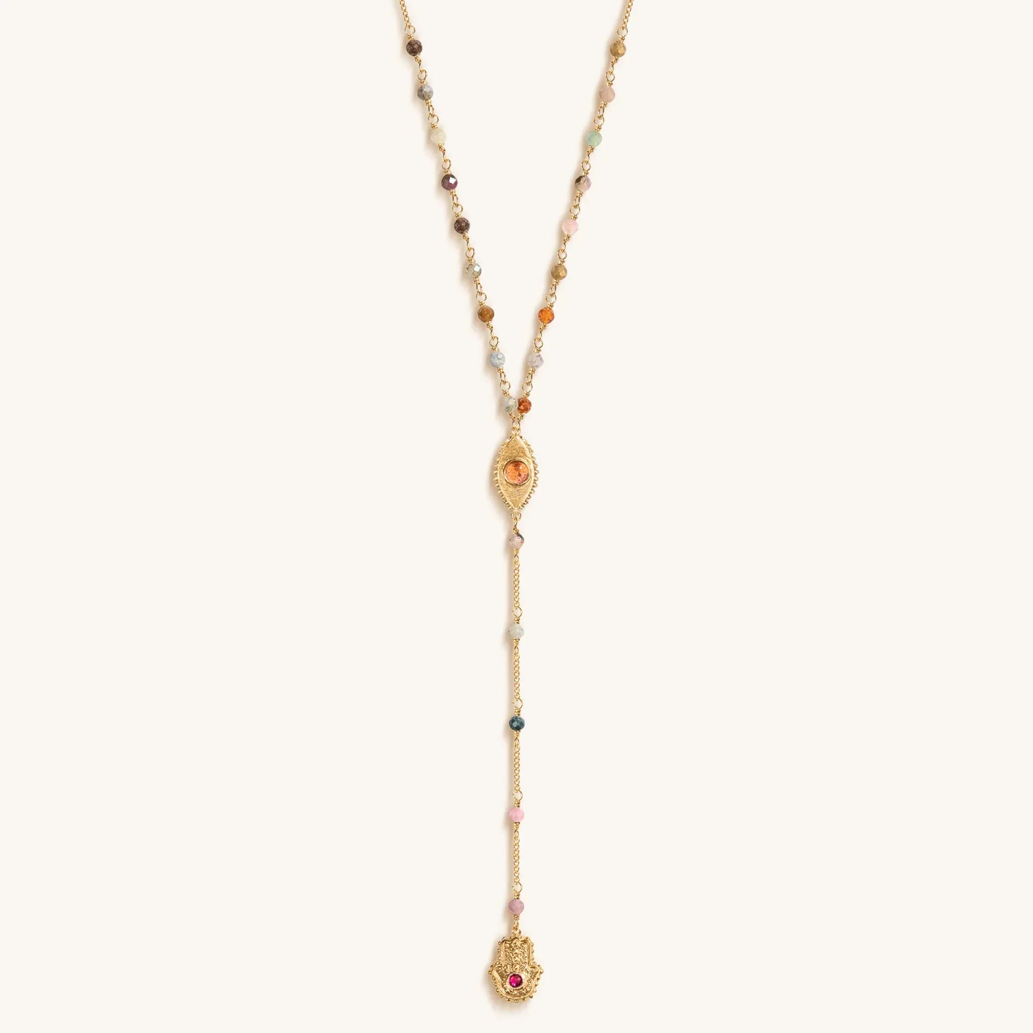 Benevolent Spirit - Tourmaline Evil Eye Hamsa Lariat Necklace