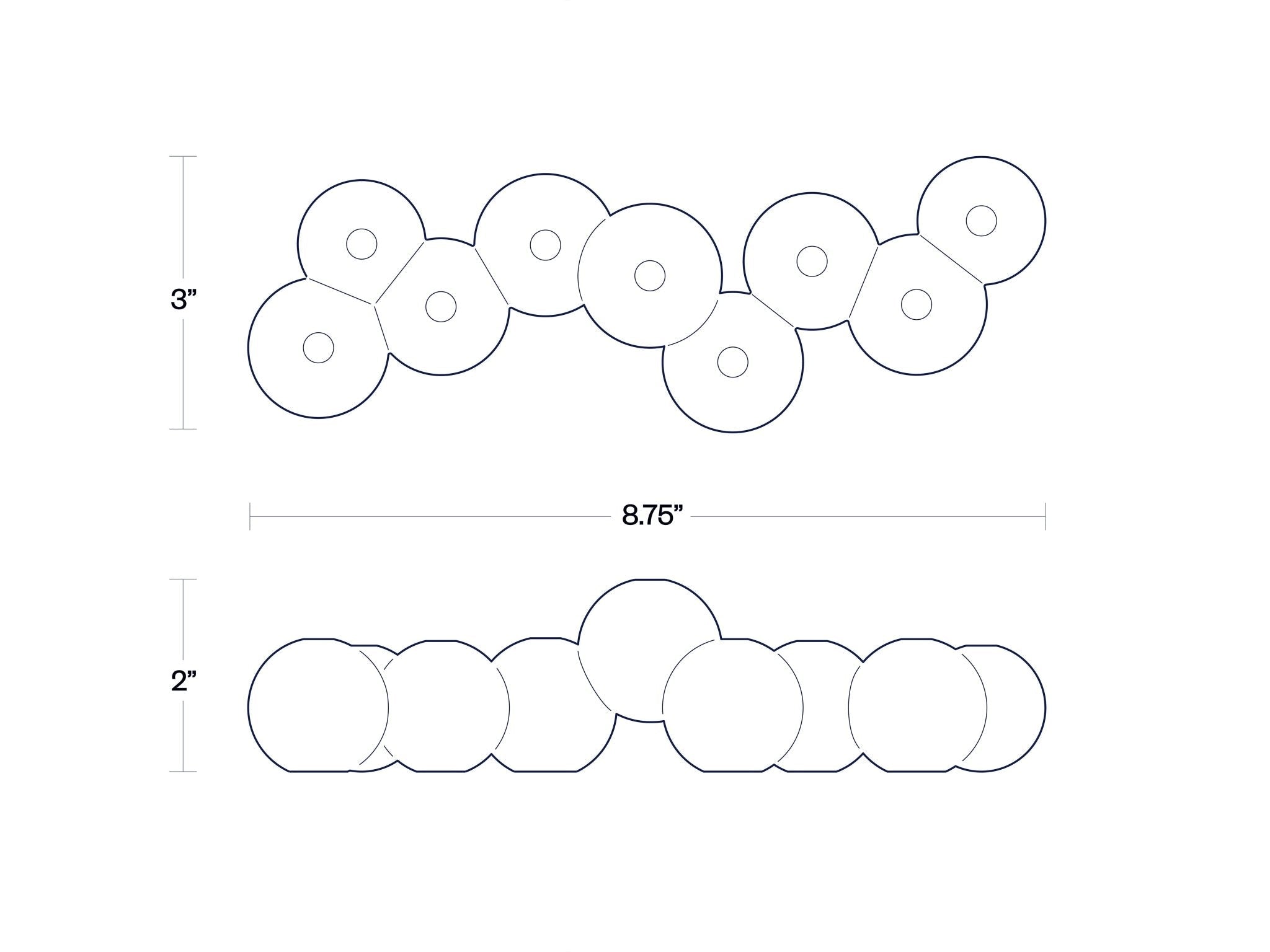 Aluminum Bubble Menorah dimensions shown from top and side