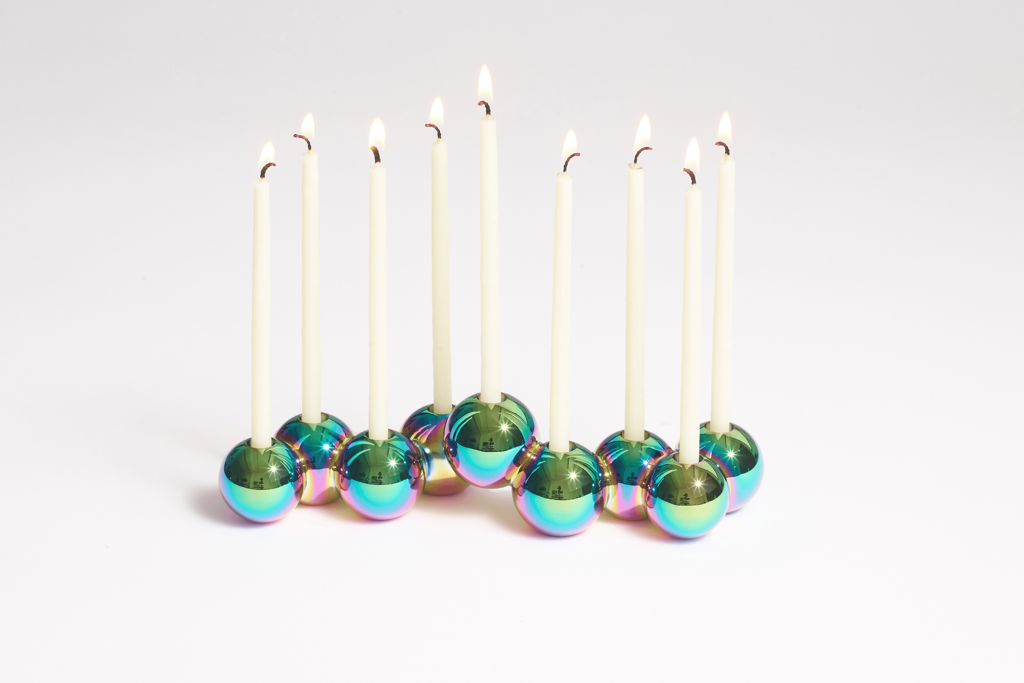 Iridescent Aluminum Bubble Menorah with nine candles by Tchotchke
