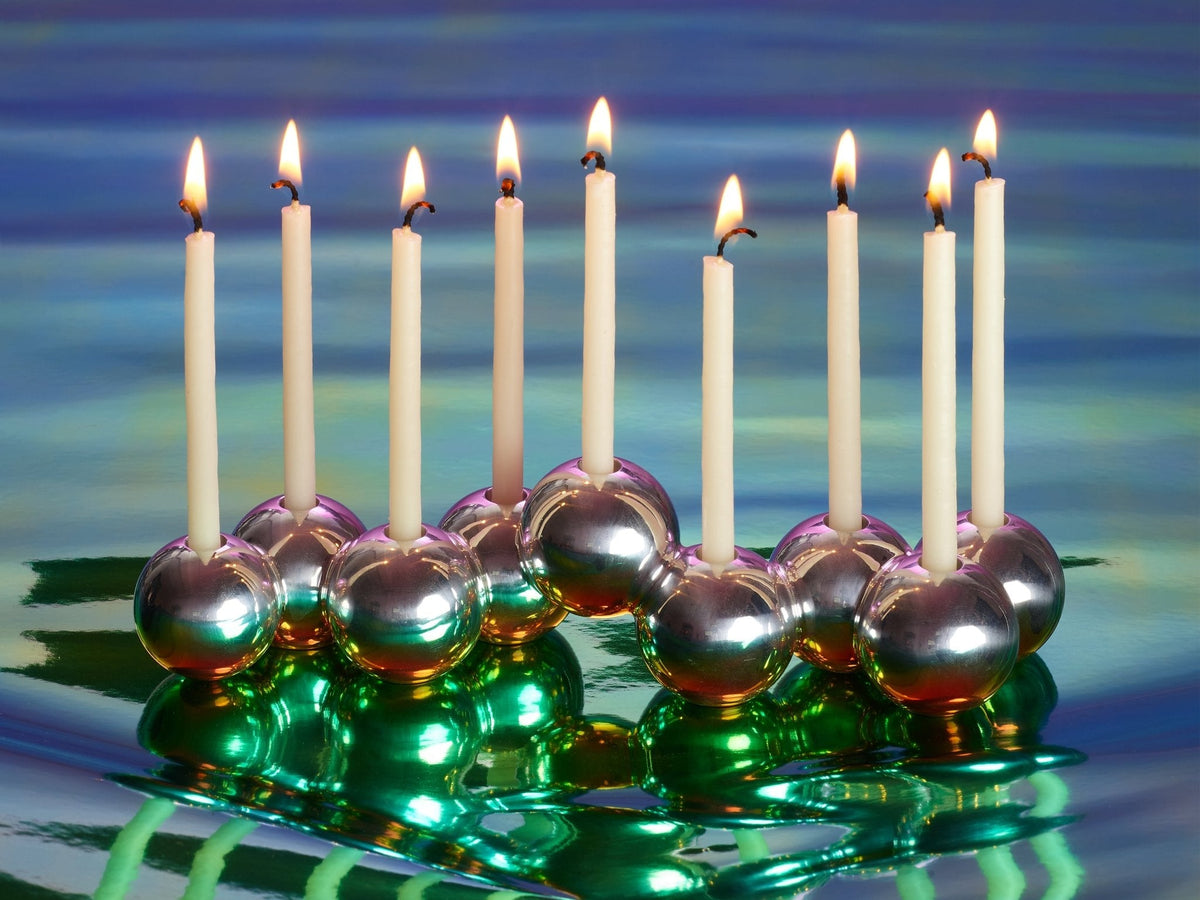 Iridescent Aluminum Bubble Menorah lit for Hanukkah by Tchotchke