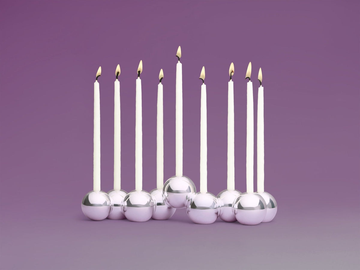Polished Aluminum Bubble Menorah with candles lit by Tchotchke