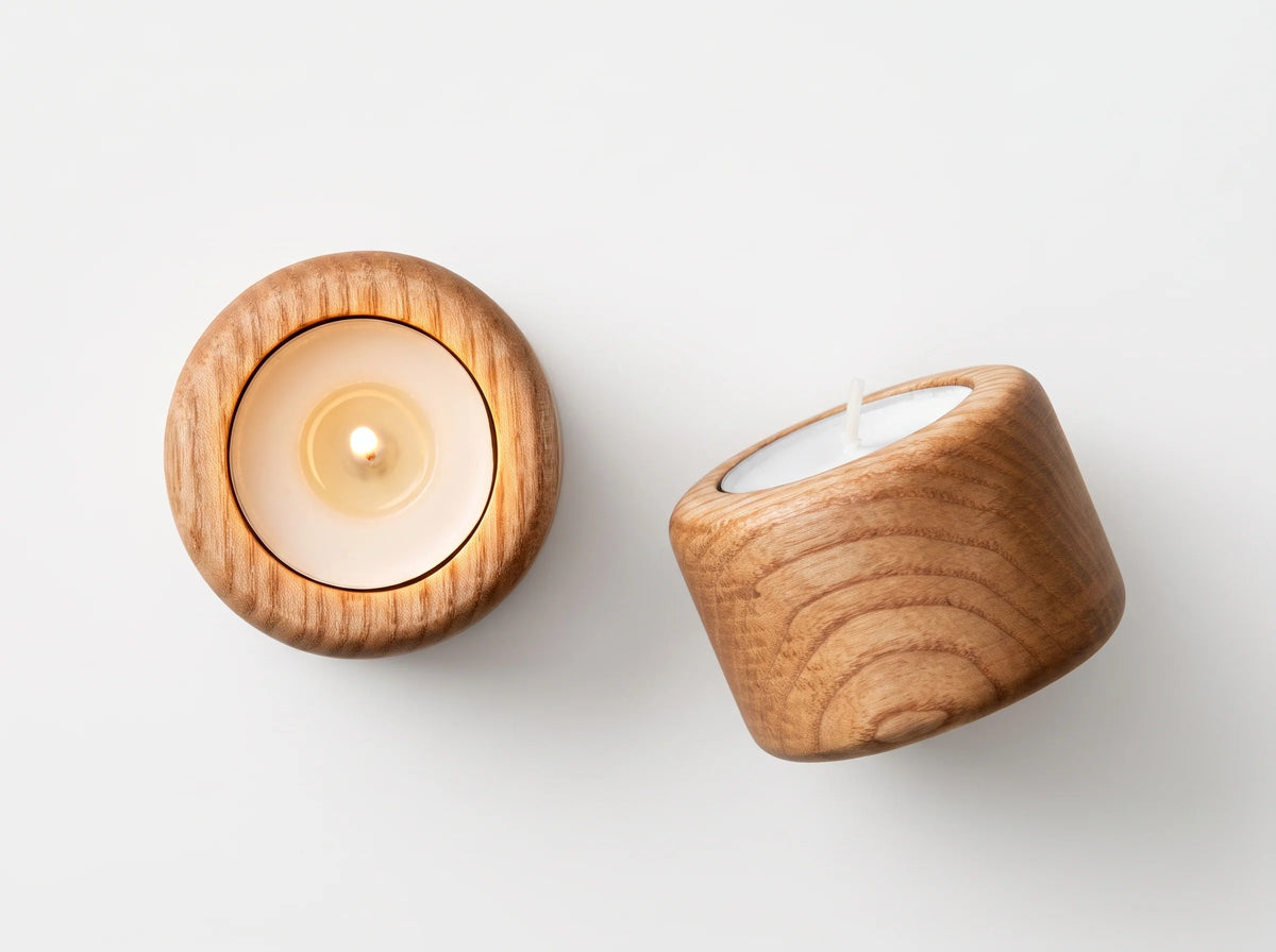 Ash wood Shabbat tealight candleholders with lit tealight by Oneg