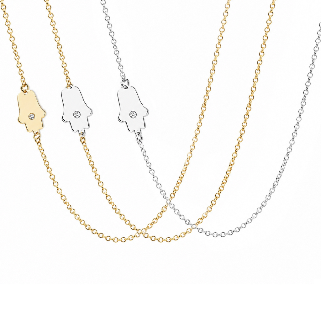 Asymmetrical Diamond Hamsa Necklace in gold, silver and two-tone by Miriam Merenfeld