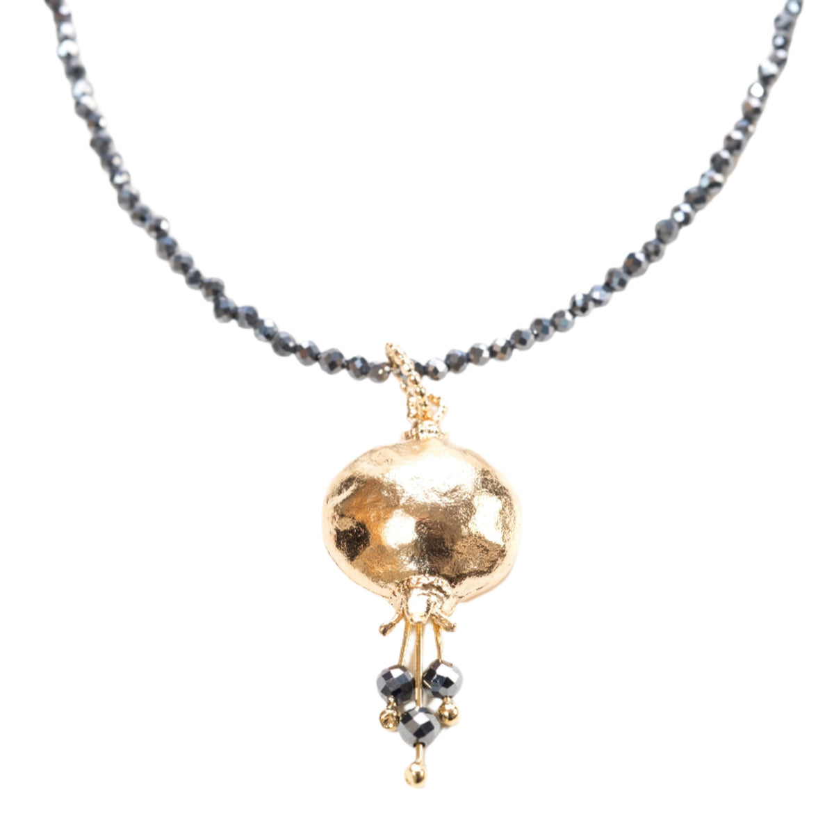 Beaded Pomegranate Necklace with hematite beads and gold pomegranate pendant from the Israel Museum