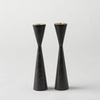 Black wood Shabbat candlesticks with brass candle cups by Oneg
