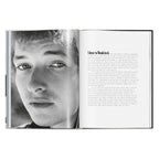 Daniel Kramer close-up portrait of Bob Dylan beside his account of their first meeting in Woodstock