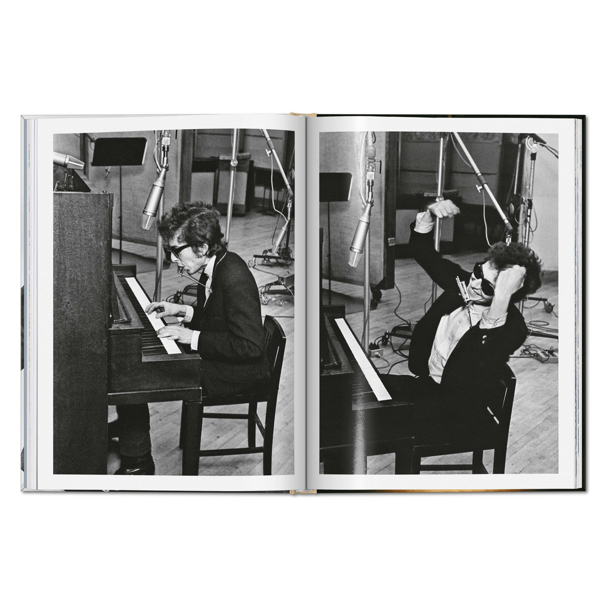Daniel Kramer photographs of Bob Dylan playing piano and harmonica in a recording studio