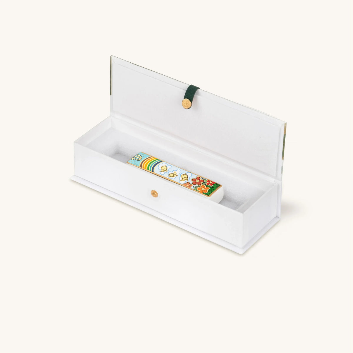 Bright Beginnings rainbow ceramic mezuzah presented inside an open gift box