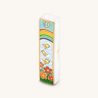 Bright Beginnings ceramic mezuzah with rainbow, birds and colorful flowers on a white case