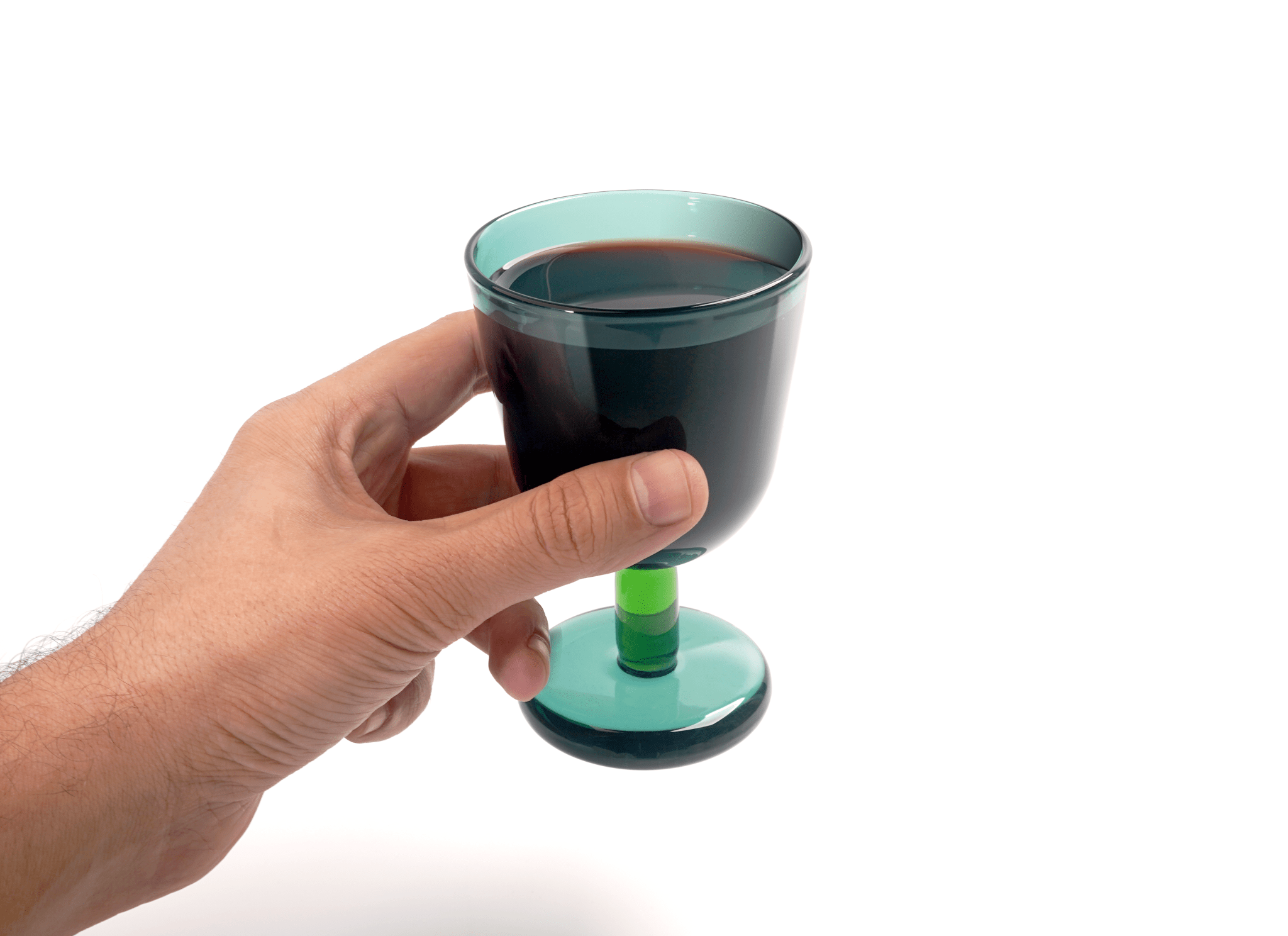 Buttercup Kiddush Glass in Emerald and Grass held in hand to show scale