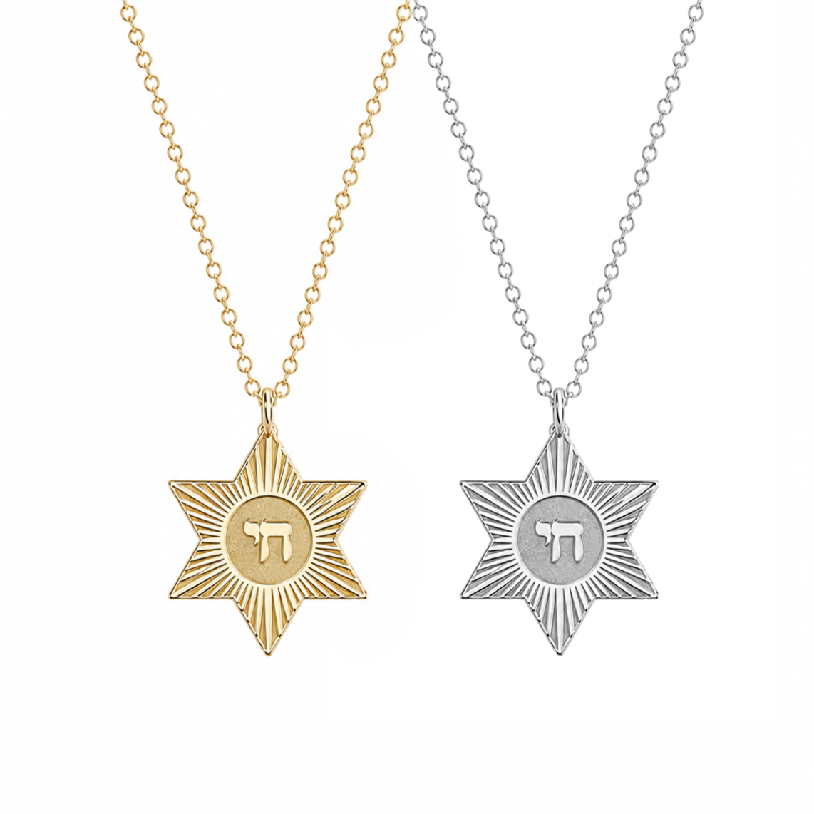 Chai Star of David medallion necklaces in gold and sterling silver