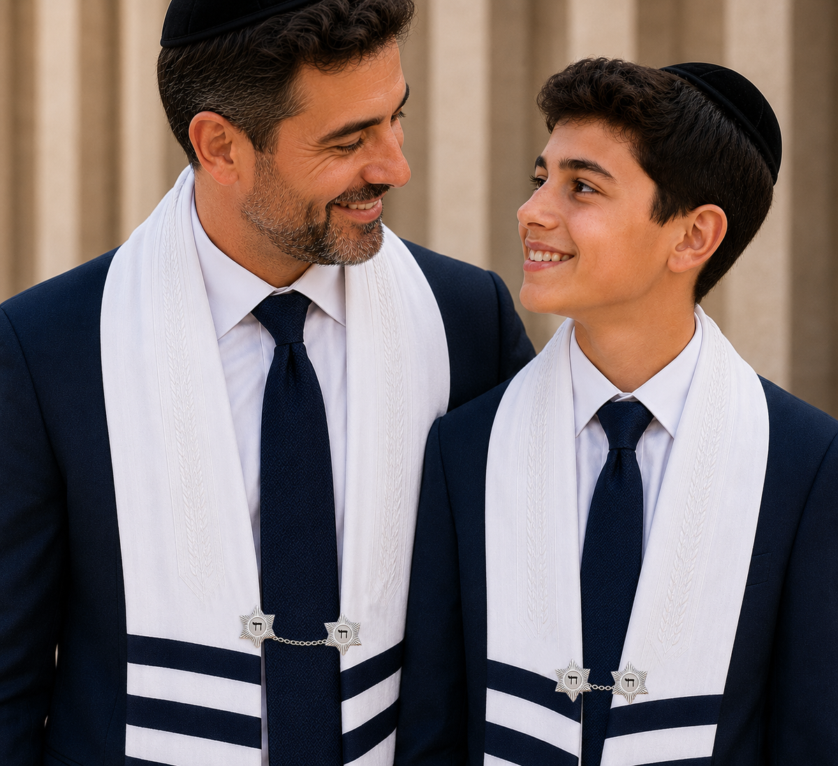 Father and son wearing tallitot with silver Chai Star of David tallit clips