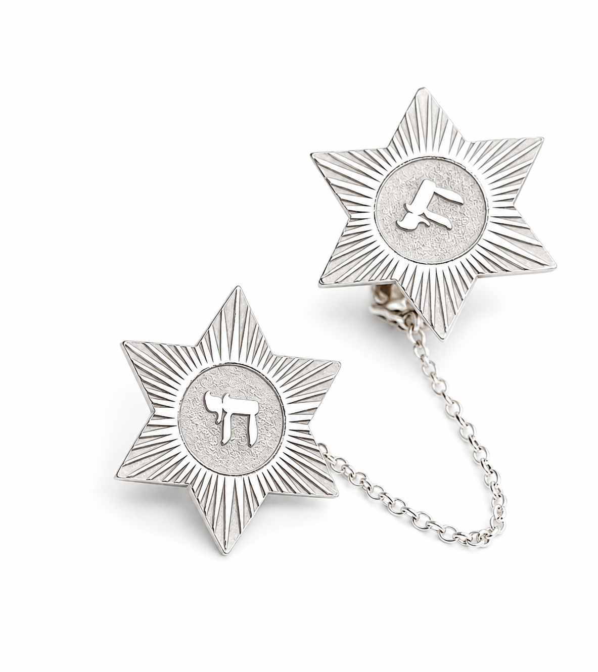 Sterling silver Star of David tallit clips with Chai symbols connected by a chain
