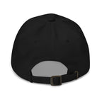 Back view of black Abba dad hat with adjustable strap and metal buckle
