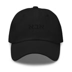 Front view of black Abba (אבא) dad hat with tonal black Hebrew embroidery
