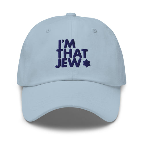 Eitan Chitayat's I'm That Jew™ Hat in light blue with navy embroidery